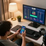 Person placing bets on BJ88 mobile app while relaxing at home with stylish decor.