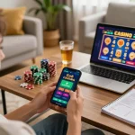 Player using the Go8 casino app on smartphone while enjoying a home gaming session