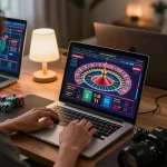 Engaging online gaming session with 1gom interface, showcasing a roulette table on a laptop in a cozy home office.