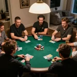 LLwin players enjoying a friendly poker game at home with strategic gameplay and snacks.