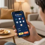 Tai Xiu MD5 gameplay on smartphone shows vibrant betting options and dice, enjoying online gambling.