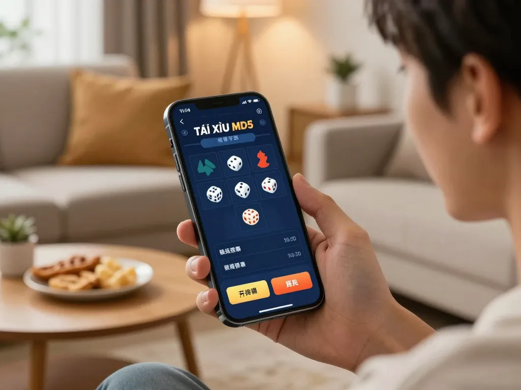 Tai Xiu MD5 gameplay on smartphone shows vibrant betting options and dice, enjoying online gambling.