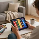 Pemain memutar gulungan raja slot di tablet, suasana rumah yang nyaman dengan vibe permainan yang menarik.