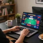 Player engaging with gi8 online poker interface during a strategic gaming session at home