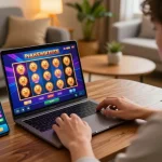 Engaged player enjoying online casino experience with okfun on their laptop while surrounded by cozy home decor.