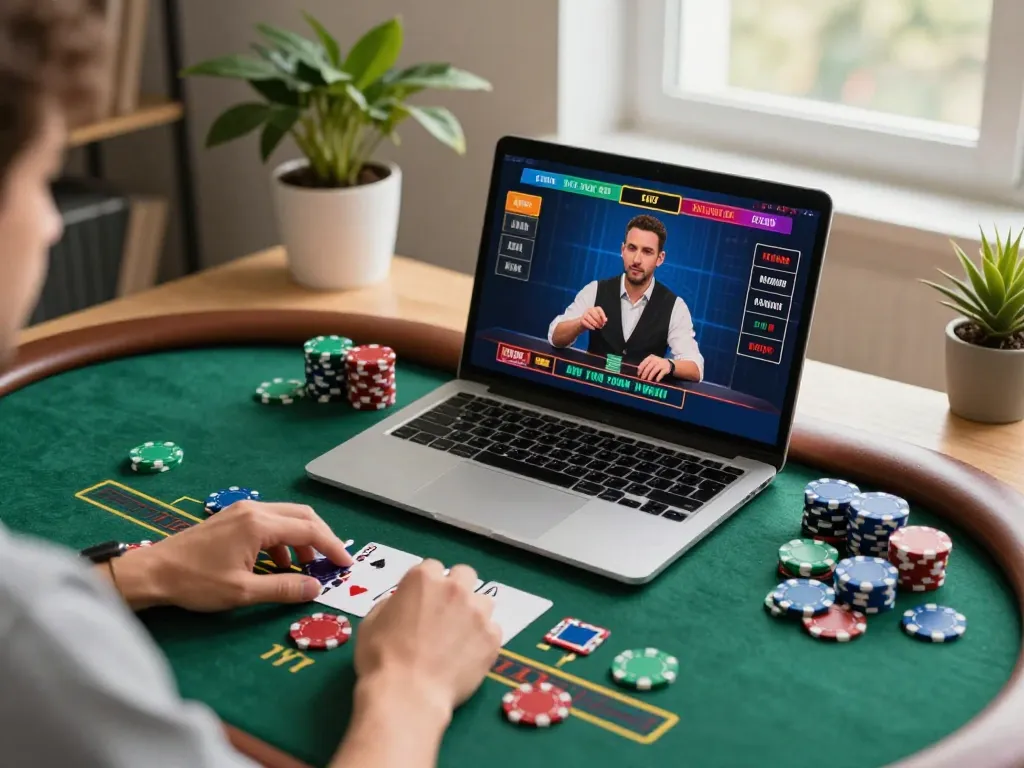 Player strategizing with LV88 live dealer blackjack on a stylish laptop in a modern home office.