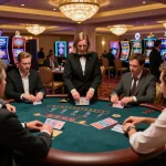kk55 players engaged in thrilling blackjack action at an elegant casino, showcasing sophistication and strategy