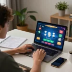 Tài Xỉu Online player enjoying a game on laptop with strategy notes and coffee
