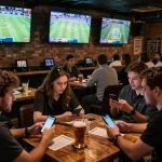 Ko66 players actively engaging in sports betting at a lively bar, showcasing the excitement of live events.