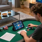 Engaging online poker action at iwin club in cozy home setting, showcasing strategic gameplay.