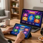 Player engaging with the DN88 app in a cozy home environment, showcasing online casino entertainment