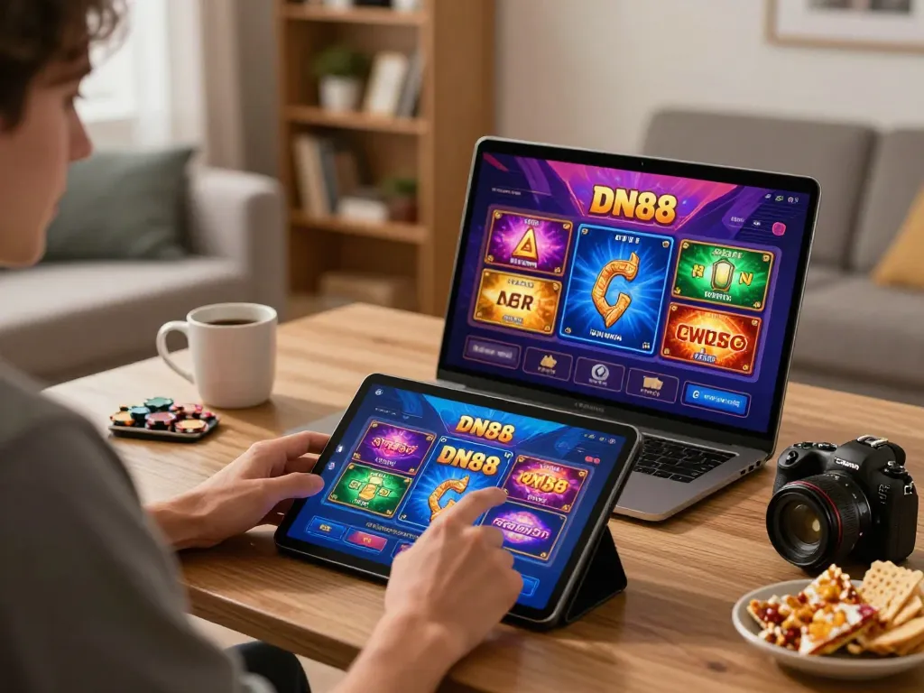 Player engaging with the DN88 app in a cozy home environment, showcasing online casino entertainment