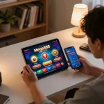 Playing Mega888 original download iOS on a tablet, showcasing a cozy home gaming setup.