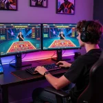 O8 online gambling setup with engaging player and vibrant gaming atmosphere.