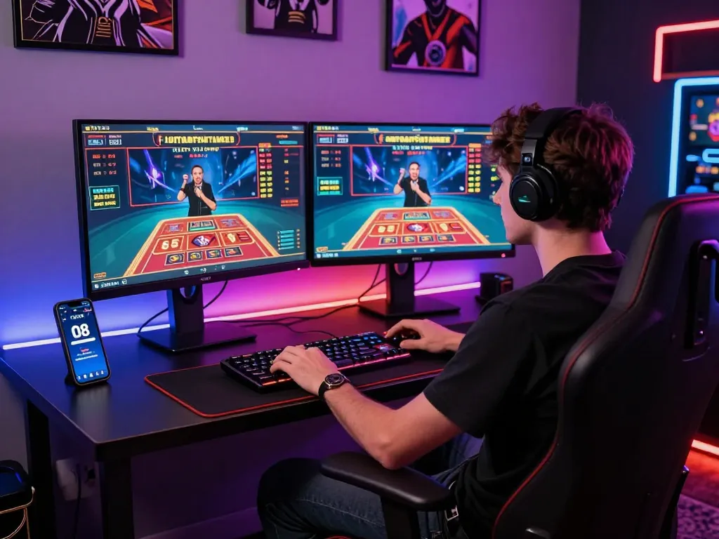 O8 online gambling setup with engaging player and vibrant gaming atmosphere.