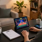 Player enjoying GI88 live dealer game on tablet in a cozy home setup with strategic notes