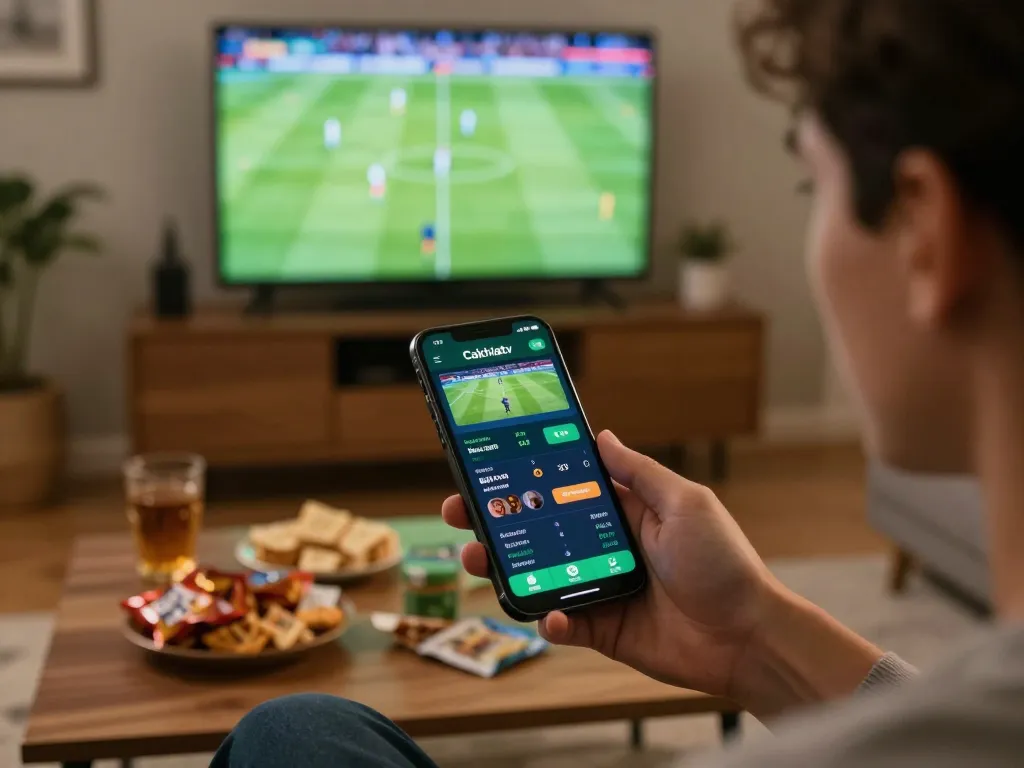 Cakhiatv user actively placing bets on a smartphone while enjoying live football match.