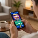 Engaged user exploring 33win app on smartphone, showcasing vibrant casino gameplay.