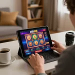 Player engaging with HB88 on a tablet, showcasing vibrant online casino gameplay and a cozy home atmosphere