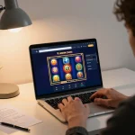 Kuwin online casino gaming setup with a vibrant slot game on laptop screen, showcasing responsible gaming.