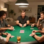 Engaged players in a spirited home poker game using strategies and chips on the table, fc88 activity highlights.