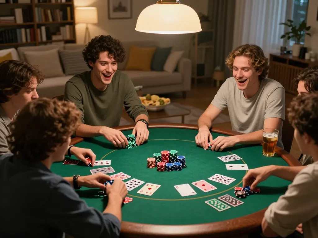 Friends enjoying a poker night at home, strategizing and playing cards with Go8 excitement.
