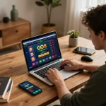 Engaging with the GO8 casino game on a vibrant laptop in a stylish home office.