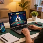 Player using TR88 live dealer baccarat interface on a laptop, showcasing a cozy gaming setup.