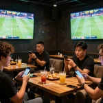 Kèo nhà cái betting scene in a lively sports bar with fans watching live games