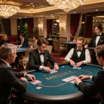 KJC VIP poker players strategizing in a high-end casino setting during a live game.