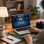 Engaging in live dealer blackjack online at home with BL555 gaming setup.