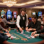 Engaged players at 33win blackjack table enjoying an exciting casino atmosphere with strategic gameplay.