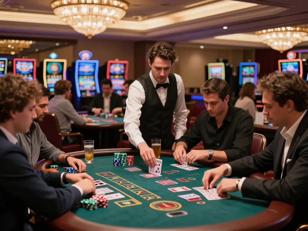 Engaged players at 33win blackjack table enjoying an exciting casino atmosphere with strategic gameplay.