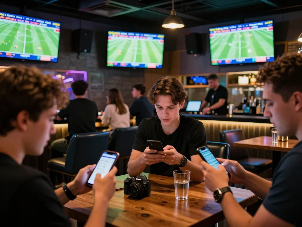Excited patrons engaging in sports betting at vsc10 with live match displays and betting apps.