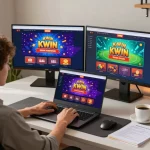 KWIN online gaming setup showcasing player engagement with casino games on multiple devices.