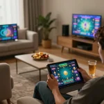Engaged player strategizing while enjoying tài xỉu online game on a tablet at home, surrounded by personal items.