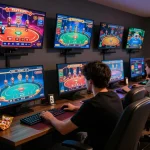 Person actively engaging with 79win online casino games on multiple screens, showcasing a strategic and immersive gaming experience.