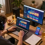 Engaging online gaming with nhà cái open88 on laptop and smartphone at a cozy home setup.