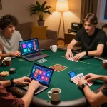 Players enjoying a fun F8BET online poker session, showcasing strategy and excitement in a lively home environment.