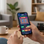Placing bets on the luck8l app with smartphone in a cozy gaming setup