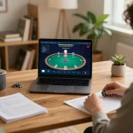 Player enjoying an exciting online poker session with laptop open on betting strategies at home, showcasing lsa.