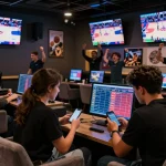Kuwin sports bettors analyzing odds on smartphones amidst an exciting game atmosphere