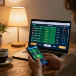 Gambling with llwin on a smartphone in a cozy home setting, showcasing live sports betting.