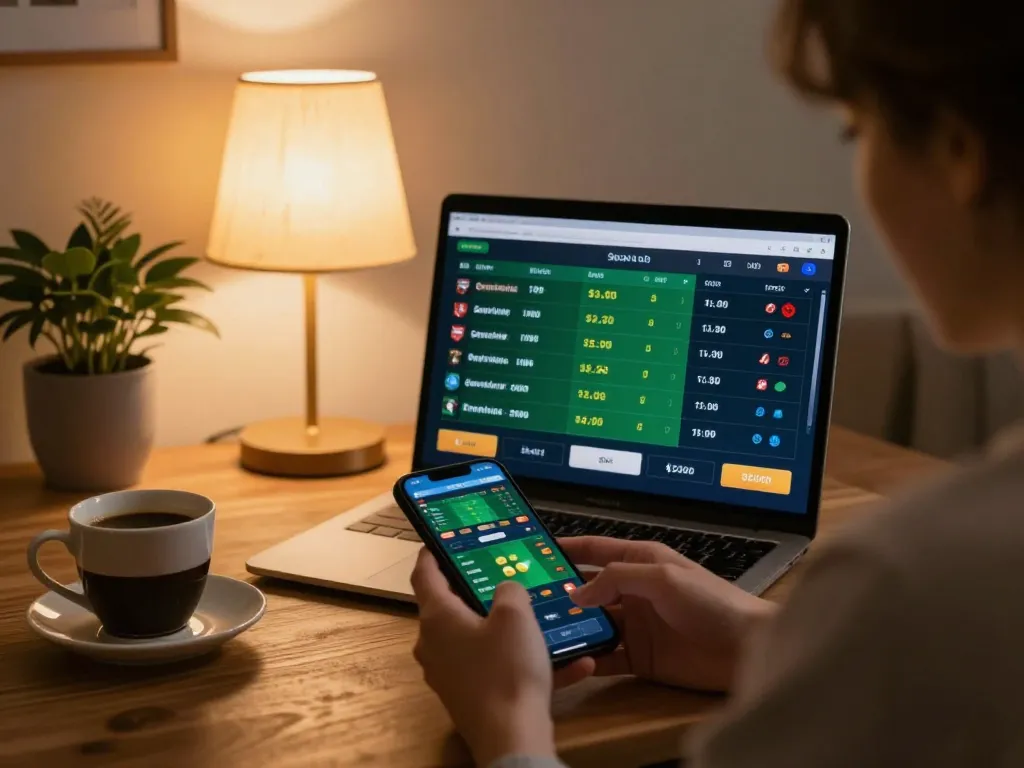 Gambling with llwin on a smartphone in a cozy home setting, showcasing live sports betting.