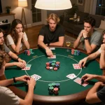 Friends enjoy a lively poker night at home, showcasing NOHU90 gameplay with vibrant chips and strategic plays.