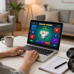 Taking part in a thrilling tài xỉu online game on a laptop in a cozy living room.