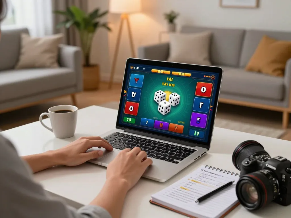 Taking part in a thrilling tài xỉu online game on a laptop in a cozy living room.
