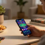 Player engaging with the w88 casino app on a smartphone, showcasing online gambling strategy in a cozy home.