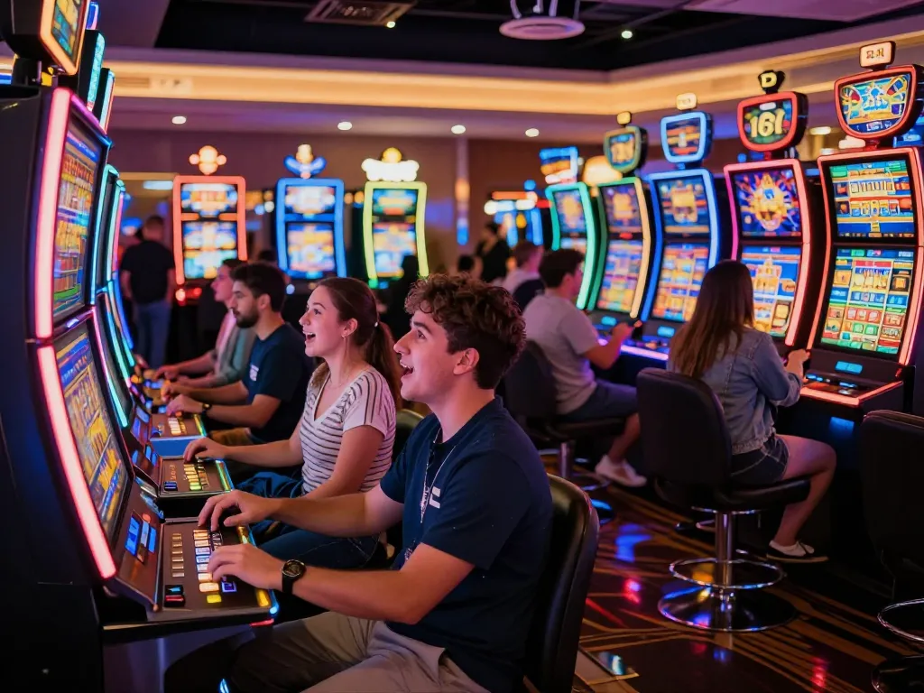 S666 players enjoying colorful slot machines in a lively casino environment