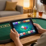 Tài Xỉu online gameplay on a tablet during a cozy home gaming session, enhancing strategic entertainment.